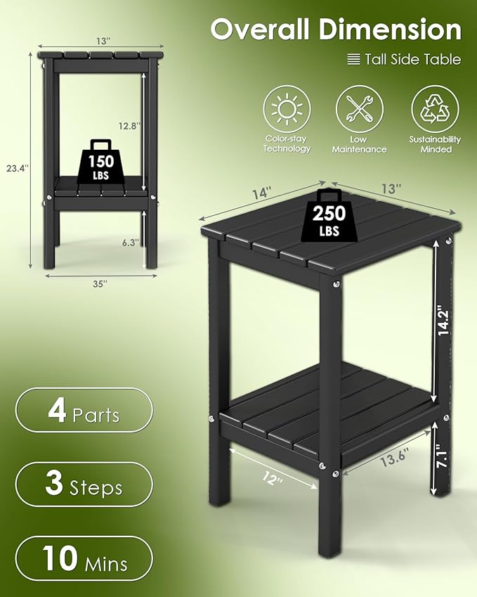 GREENVINES Tall-Outdoor-Side-Table Set of 2 | 23.5" | HDPE Plastic | Patio Adirondack End Tables | All Weather | 2-Tier - Photo 3