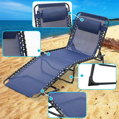Folding Chaise Lounge Chair Set of 2, Patio Sun Tanning Chair with 4-Position Reclining Back, Breathable Mesh Outdoor Lounge Chair for Pool Beach, Adjustable Footrest, Portable, Dark Blue