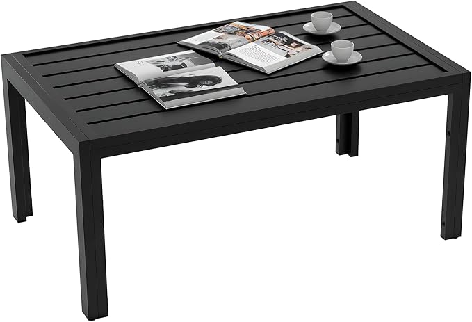 Outsunny Patio Coffee Table, Rectangle Outdoor Side Table with Steel Frame and Slat Tabletop for Garden, Balcony - Photo 1