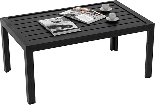 Outsunny Patio Coffee Table, Rectangle Outdoor Side Table with Steel Frame and Slat Tabletop for Garden, Balcony, Backyard, Porch, Black