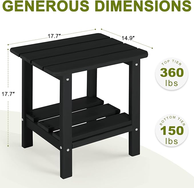Adirondack Outdoor Side Table, 2-Tier Small Patio End Table, Weather Resistant HDPE Outdoor End Tables for Garden, Lawn, Pool, Beach, Porch, Deck, Backyard - Square, Black