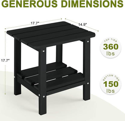 Adirondack Outdoor Side Table, 2-Tier Small Patio End Table, Weather Resistant HDPE Outdoor End Tables for Garden, Lawn, Pool, Beach, Porch, Deck, Backyard - Square, Black
