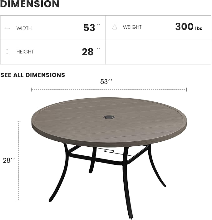 Patio Dining Table for 6-8, Round Metal Outdoor Table with 1.57" Umbrella Hole, 53" Outdoor Slat Tabletop Dining Table for Backyard, Porch, Lawn, Grey