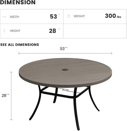 Patio Dining Table for 6-8, Round Metal Outdoor Table with 1.57" Umbrella Hole, 53" Outdoor Slat Tabletop Dining Table for Backyard, Porch, Lawn, Grey