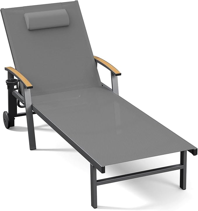 Ciokea Outdoor Lounge Chair with Pillow, 5-Position Aluminum Chaise Lounge with Wheels & Armrests - Photo 1