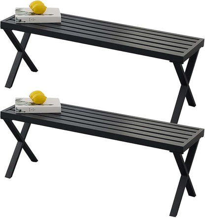 Metal Garden Bench for Outdoors, Set of 2, Black Outdoor Benches Slats for Patio, Patio Backless Bench with Cross Leg,Dining Bench for Porch, Lawn, Balcony, Backyard and Park