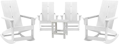Flash Furniture Set of 4 Finn Modern Commercial Grade Adirondack Rocking Chairs - All-Weather White Poly Resin Wood - Matching Side Table