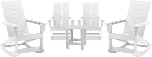 Flash Furniture Set of 4 Finn Modern Commercial Grade Adirondack Rocking Chairs - All-Weather White Poly Resin Wood - Matching Side Table