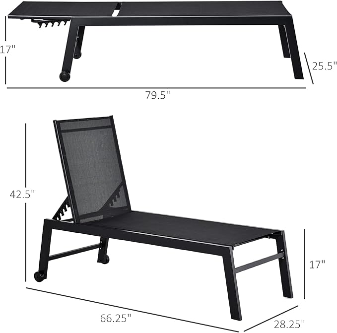 Outsunny Outdoor Chaise Lounge with Wheels, Five Position Recliner for Sunbathing, Suntanning, Steel Frame, Breathable Fabric for Beach, Yard, Patio, Black