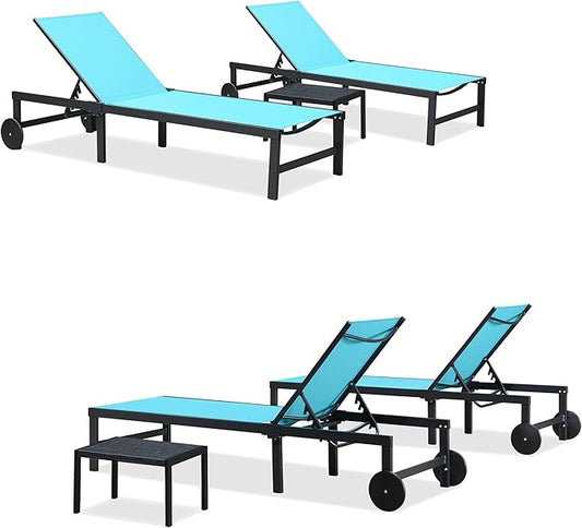 PURPLE LEAF Outdoor Chaise Lounge Chairs Set Recliner Adjustable Chair with Wheels and Table for Poolside Beach Patio Aluminum Reclining Sunbathing Lounger, Blue