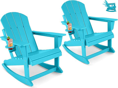 Outdoor Rocking Chair Set of 2, HDPE Poly All-Weather Patio Rocking Chairs with Cup Holder for Adults, Porch Rocker for Deck Patio Balcony, 440lbs, Turquoise