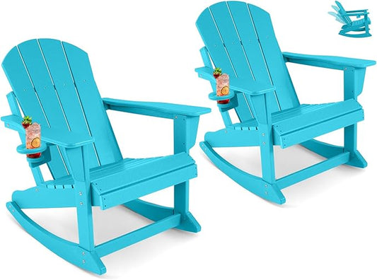 Outdoor Rocking Chair Set of 2, HDPE Poly All-Weather Patio Rocking Chairs with Cup Holder for Adults, Porch Rocker for Deck Patio Balcony, 440lbs, Turquoise