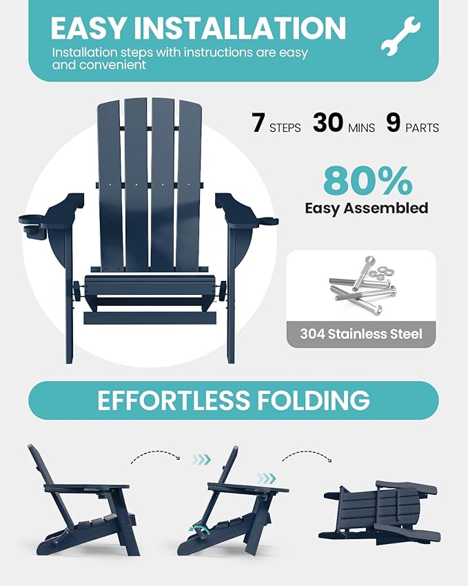 Folding Adirondack Chair 2 Pack, HDPE All-Weather Fire Pit Chairs, Plastic Adirondack Chairs with 2 Cup Holder, Outdoor Lawn Chair for Patio Garden (Navy Blue)