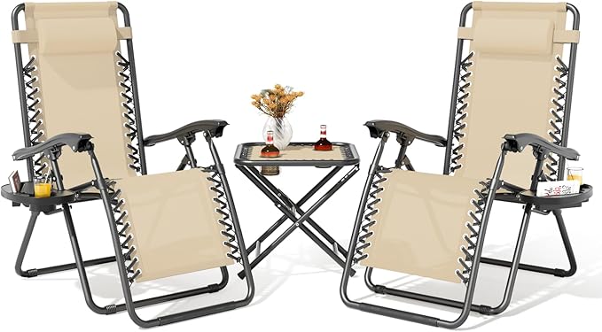 Magshion Folding Zero Gravity Chairs Set of 2, Outdoor Reclining Camping Chairs, Patio Lounge Recliners with Side Table & Cup Holder Tray, Cream