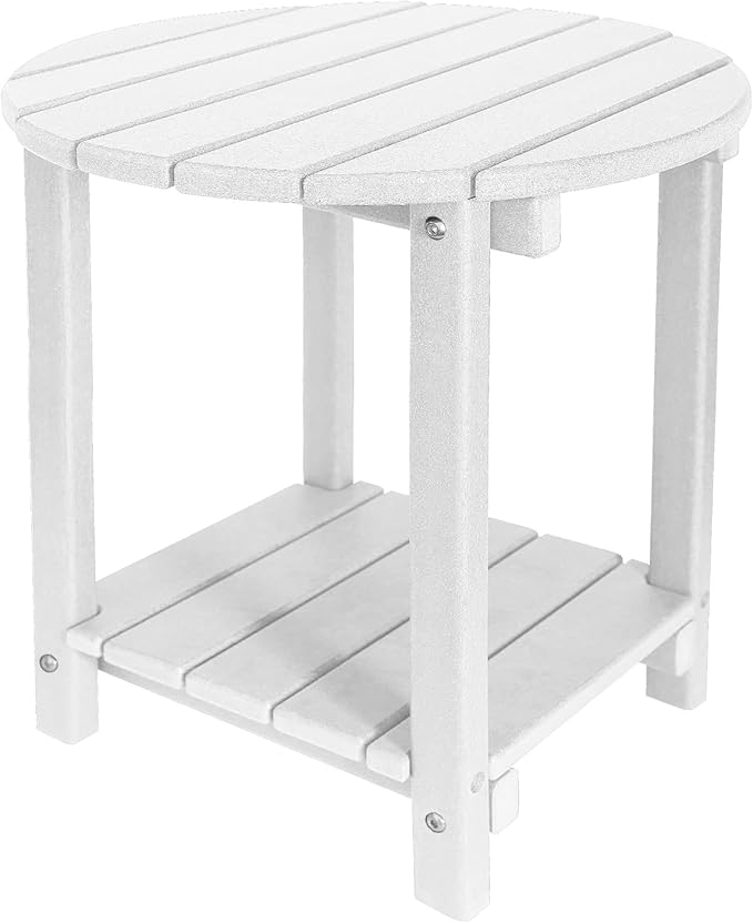 Adirondack Round Outdoor Side Table 2-Tier Storage Patio Side Table, HDPE End Tables for Backyard Pool Porch Garden Lawn (White)