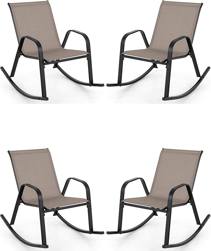 Giantex Outdoor Rocking Chairs Set of 2, Patio Rocking Chairs w/Breathable Seat & Back, Heavy-Duty Metal Support, Ergonomic Outside Rocker for Backyard, Poolside, Garden (2, Brown)