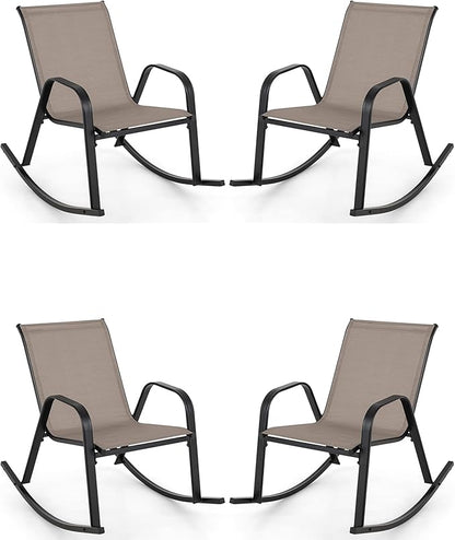 Giantex Outdoor Rocking Chairs Set of 2, Patio Rocking Chairs w/Breathable Seat & Back, Heavy-Duty Metal Support, Ergonomic Outside Rocker for Backyard, Poolside, Garden (2, Brown)