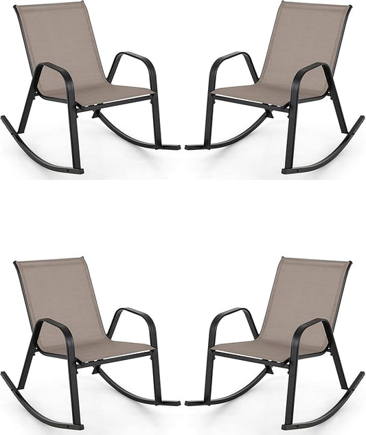 Giantex Outdoor Rocking Chairs Set of 2, Patio Rocking Chairs w/Breathable Seat & Back, Heavy-Duty Metal Support, Ergonomic Outside Rocker for Backyard, Poolside, Garden (2, Brown)