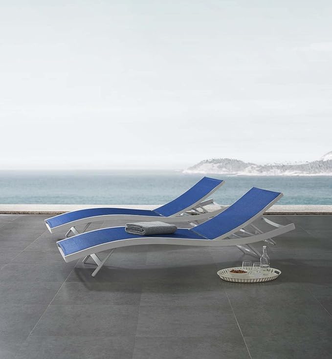Modway Glimpse Outdoor Patio Mesh Chaise Lounge Set of 2 in White Navy