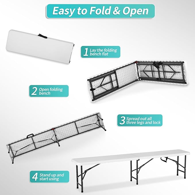 6 Feet Folding Bench Seat Plastic Portable with Metal Legs, Outdoor Rustic Practical Bench w/Handle & Lock - Photo 8