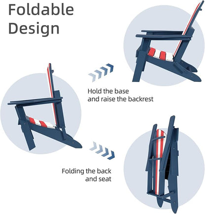 Aoodor Folding Adirondack Chair HDPE Outdoor All-Weather Chair for Patio, Garden, Backyard, Lawn, Fire Pit, Set of 4, Red&White&Blue