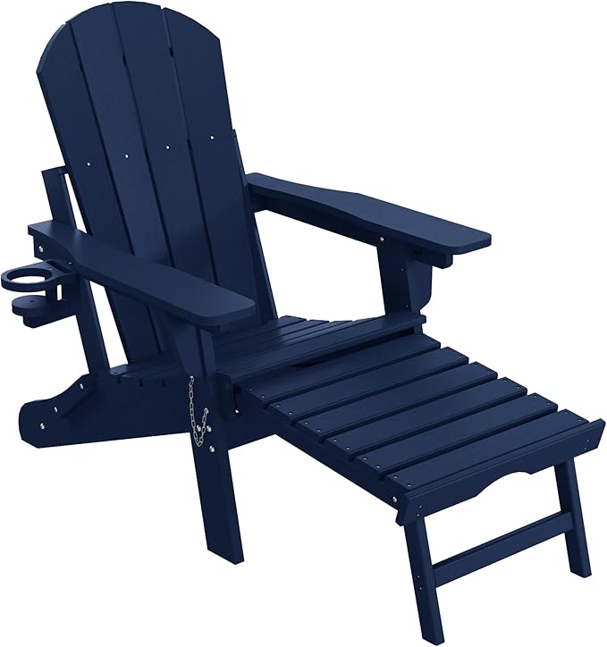 WestinTrends Malibu Folding Adjustable Adirondack Chair with Retractable Ottoman and Cup Holder (Set of 2), Navy Blue
