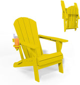 Folding Adirondack Chair with Cup Holders, HDPE Plastic Outdoor Chairs, Weather Resistant, Real Wood Look for Patio - Photo 1