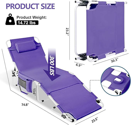Tanning Chair with Face Hole, Adjustable Folding Chaise Lounge Chairs for Outside with Detachable Pillow & Pocket，Portable flat beach chairs for sunbathing, beach lawns camping (Purple, Standard)