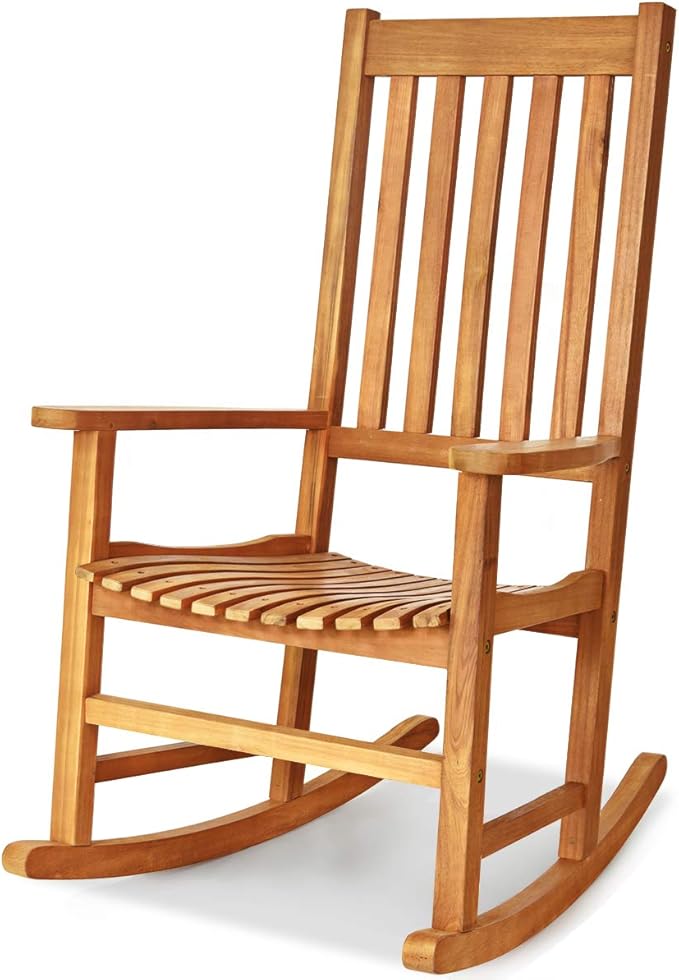 Tangkula Acacia Wood Porch Rocking Chair, Wooden Rocking Chair Rocker with High Back & Armrest for Indoor Outdoor Use, Patio Rocker for Garden Lawn Balcony Backyard Poolside (1, Teak)