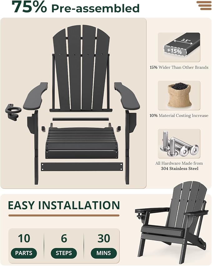 BRIOPAWS Folding-Adirondack-Chairs Set of 2 | HDPE | Fire Pit Chair | Cup Holder | Weather Resistance | Black | for Outdoor Backyard Deck Patio