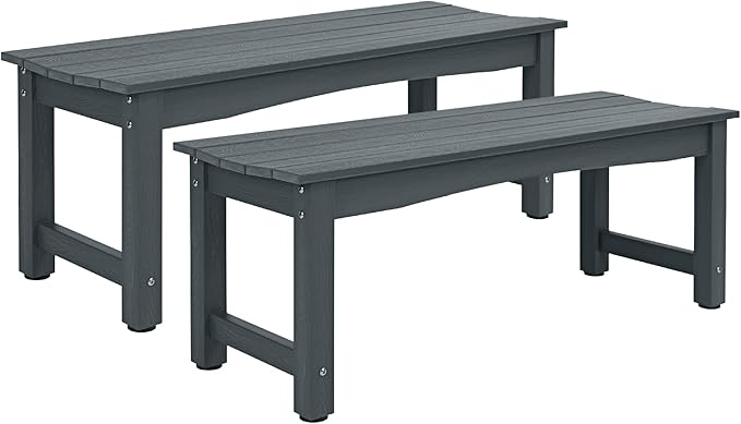 Weatherproof HIPS Outdoor Bench, 2-Person Patio Dining Bench, All-Weather Poly Lumber Garden Bench, Never Rot or Fade, Park Bench with Wood Grains for Porch, Deck, Entryway, Grey, 2 Pack