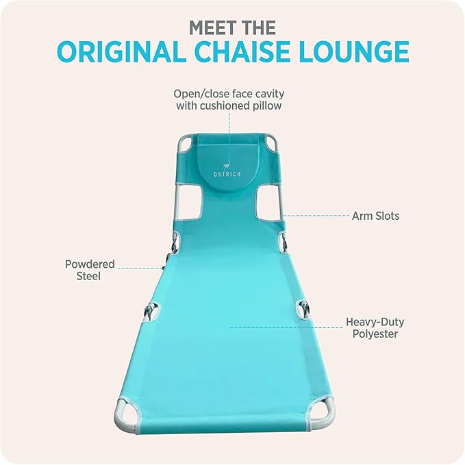 Ostrich the Original Chaise 72 x 22 Inch Lounge Portable Reclining Lounger, Outdoor Patio, Beach, Lawn, Camping, or Pool Tanning Chair, Aqua