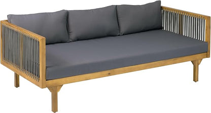 Merax Acacia Wood Outdoor Patio Loveseat Sofa w/Coushion and & Light Brown Rope, 3-Seater Sofa Daybed for Backyard, Lawn, Deck, Balcony, Water Repellent Fabric, 600 lbs Capacity,Teak + Gray