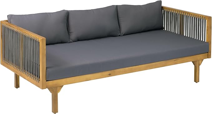 Merax Outdoor Acacia Wood Conversation Set - Patio 3-Seat Loveseat Sofa w/Coushion and Round Coffee Table for Backyard, Lawn, Balcony, Water Repellent, 600 lbs Sofa Capacity, Teak + Gray