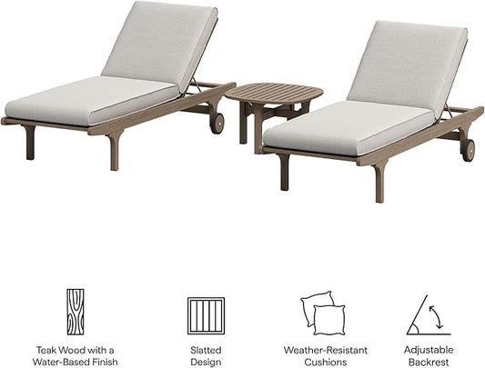 Modway Saratoga Teak Wood Set of 2 Chaise Lounge Chairs and Side Table in Pebble - 3-Piece Outdoor Furniture Set