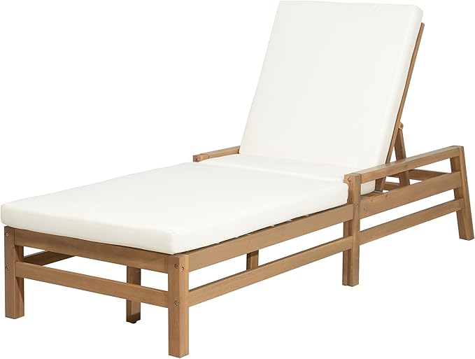 5-Position Adjustable Outdoor Chaise Lounge Set of 2, Solid Wood Patio Recliner Chair with Thick Cushions, Weather-Resistant for Pool, Balcony & Garden (Light Teak)