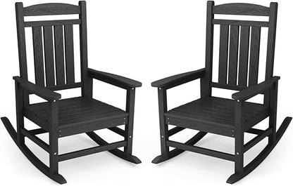 KINGYES Oversized HDPE Outdoor Rocking Chair Set of 2, Widened Seat Patio Rocking Chair, All Weather Patio Rocker, Black