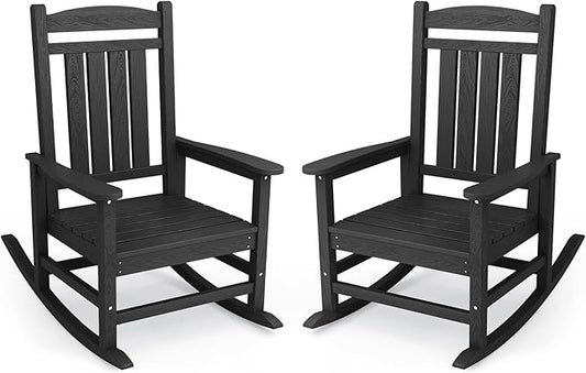 KINGYES Oversized HDPE Outdoor Rocking Chair Set of 2, Widened Seat Patio Rocking Chair, All Weather Patio Rocker, Black