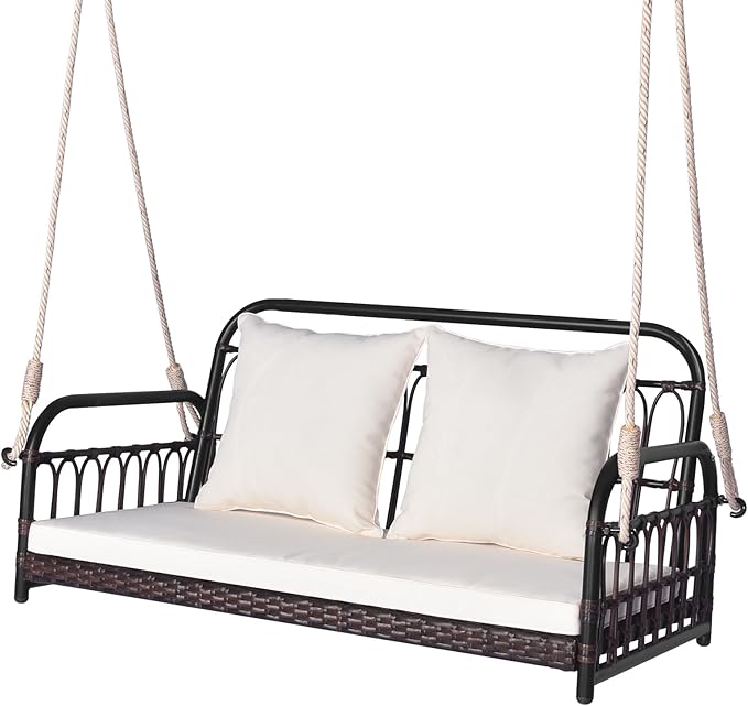 HAPPYGRILL Wicker Porch Swing, 2-Person Outdoor Patio Hanging Chair with Cushions, Metal Frame - Photo 1