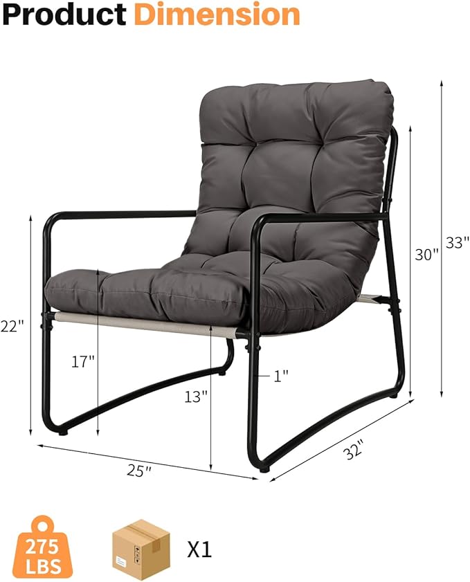 Outdoor Accent Chair, Modern Metal Outdoor Lounge Chair, Comfy Patio Accent Chair with Padded Seat, All Weather Outdoor Patio Chair for Living Room, Apartment, Bedroom, Poolside, Dark Grey