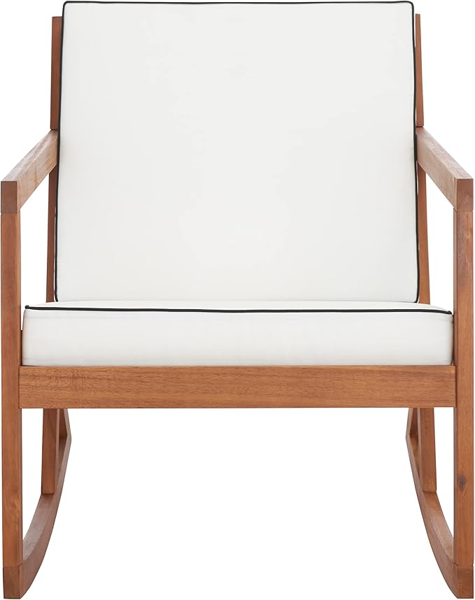 SAFAVIEH Outdoor Collection Vernon Natural/Beige Cushion with Black Piping Rocking Chair