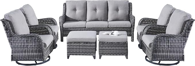 Rilyson Wicker Patio Furniture Set - 7 Piece Rattan Outdoor Sectional Conversation Sets with 4 Swivel Rocking Chairs,2 Ottomans and 1 Sofa for Porch Deck Garden(Mixed Grey/Grey)