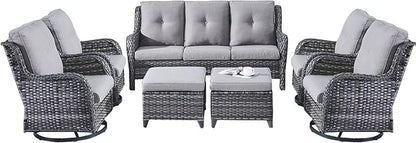 Rilyson Wicker Patio Furniture Set - 7 Piece Rattan Outdoor Sectional Conversation Sets with 4 Swivel Rocking Chairs,2 Ottomans and 1 Sofa for Porch Deck Garden(Mixed Grey/Grey)