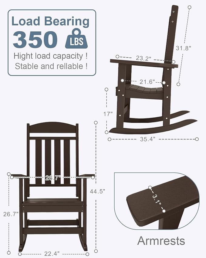 Outdoor Rocking Chairs Set of 4, Oversized High Back Patio Rocking Chairs, All Weather Porch Rocking Chairs for Outside. Coffee