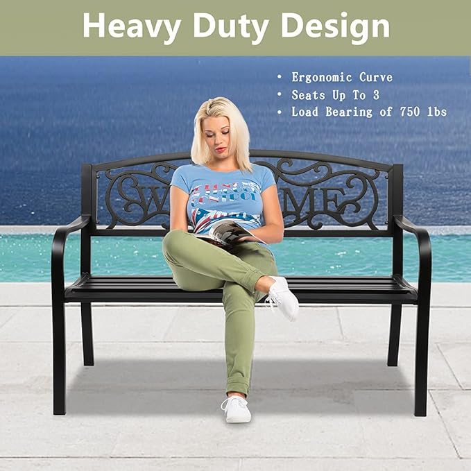 amopacorp 50" Outdoor Iron Bench for Patio Metal Garden Bench w/PVC Welcome Back Pattern, Steel Black Outdoor Welcome Bench Park Bench Porch for Yard Lawn Decor Deck Entryway