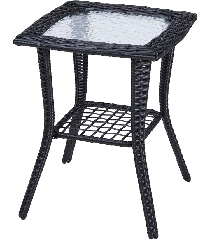 Outdoor Wicker Side Table, Rattan End Table with Glass Top - Photo 1