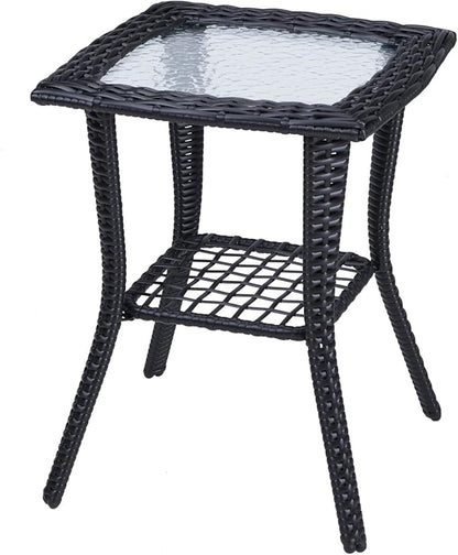 Outdoor Wicker Side Table, Rattan End Table with Glass Top, Patio Coffee Bistro Table for Indoor Garden Porch Balcony (Black)