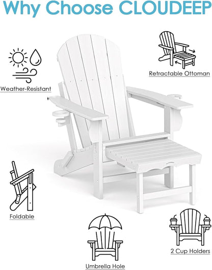 Folding Adirondack Chair with Ottoman, Recyclable HDPE Adirondack Patio Chair with 2 Cup Holder, Outdoor Fire Pit Chairs with Pull Out Footrest, Weather Resistant for Garden, Deck, Poolside, White