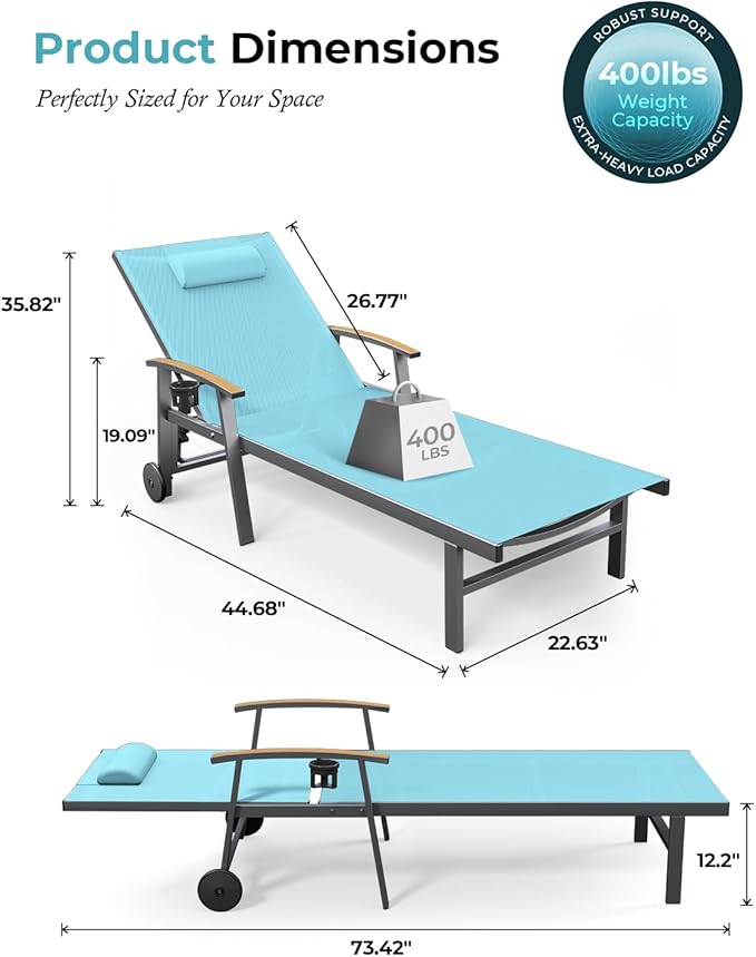 Ciokea Outdoor Lounge Chair with Pillow, 5-Position Aluminum Chaise Lounge with Wheels & Armrests - Photo 2