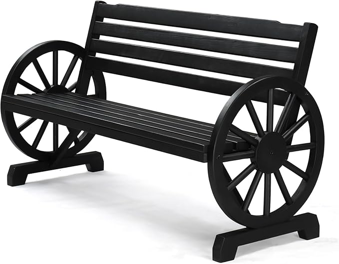 VINGLI 55" Rustic Wooden Wheel Bench Outdoor Bench, 2-Person Patio Bench Wagon Slatted Seat, Garden Benches for Outdoors 350lbs High Capacity, Weather Resistance ((Black)